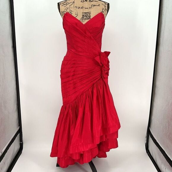 Vintage Tadashi Shoji Strapless Asymmetrical Mermaid Maxi Dress Women 8 Red Prom - Picture 1 of 9